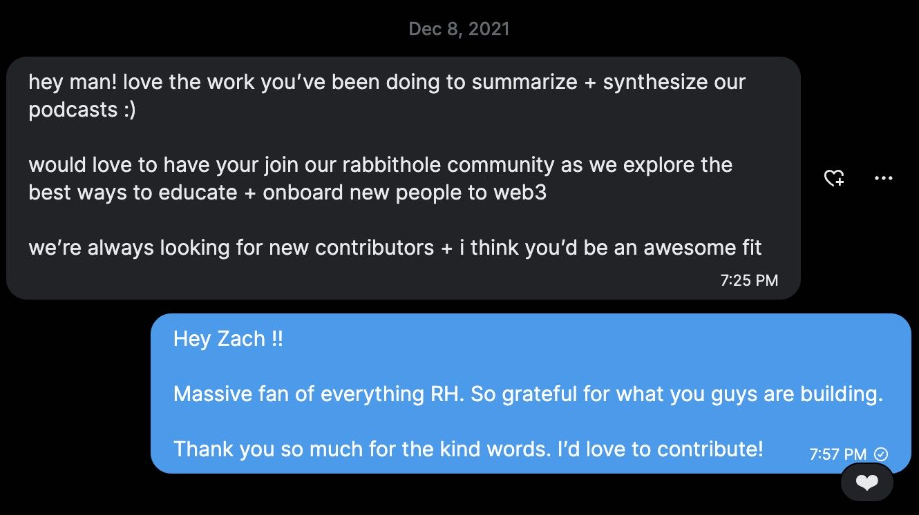 DM conversation with Zach from RabbitHole